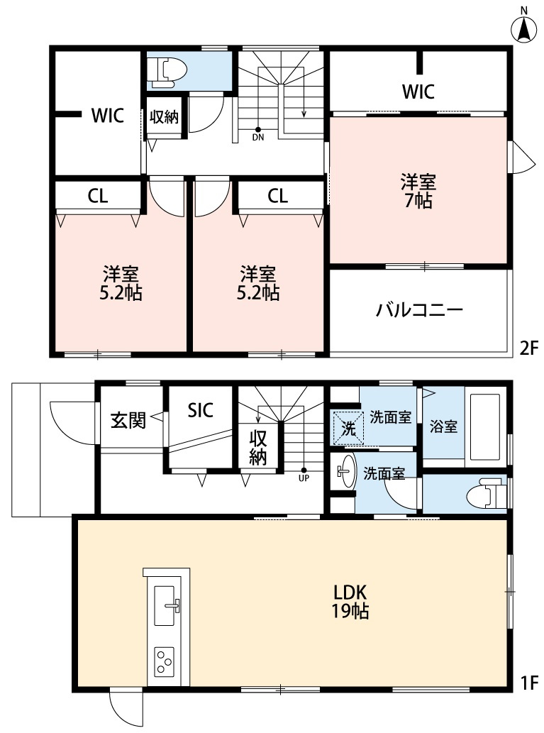 小牧市応時４丁目　中古戸建の間取り|全居室南向き。広々LDK１９帖。
収納豊富・ウォークインクローゼット２ヵ所＆シューズインクローゼットあり。