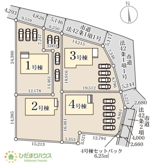 【区画図】 | 第1常総市向石下　新築戸建　4号棟 | ご家族でお車に乗る方に！駐車場5台分あります！
（4号棟）