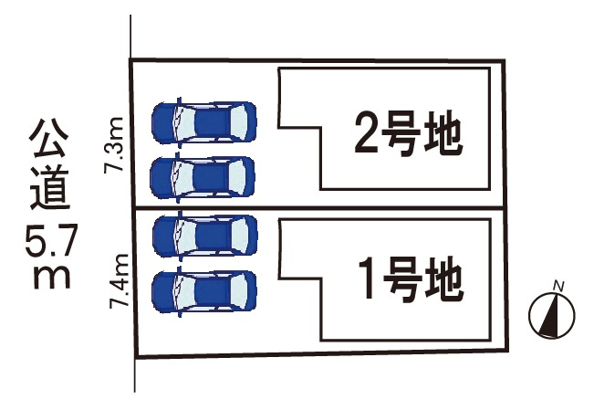 小牧市小牧1丁目　新築戸建　2号棟の区画図|駐車場並列２台可。