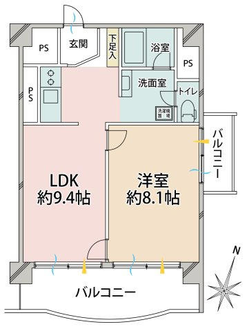 ■1LDK、専有面積：43.42平米、バルコニー面積：9.85平米