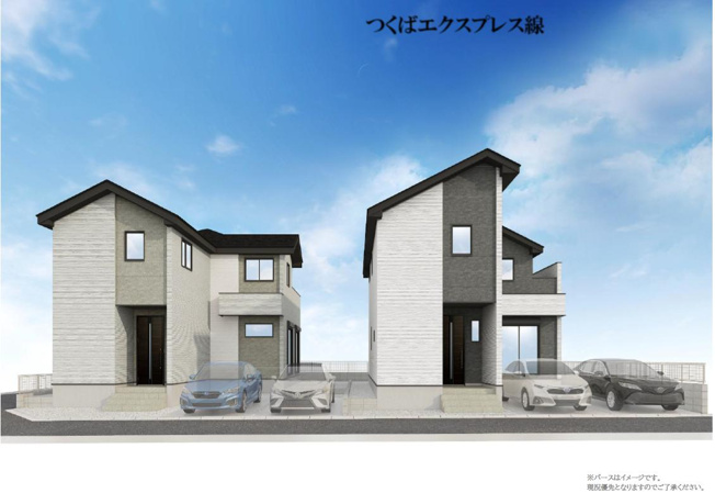 【外観パース】 | 守谷市松ケ丘5期　新築戸建　2号棟 | 小中学校まで、それぞれ徒歩10分圏内！子育て環境良好です(^^)/