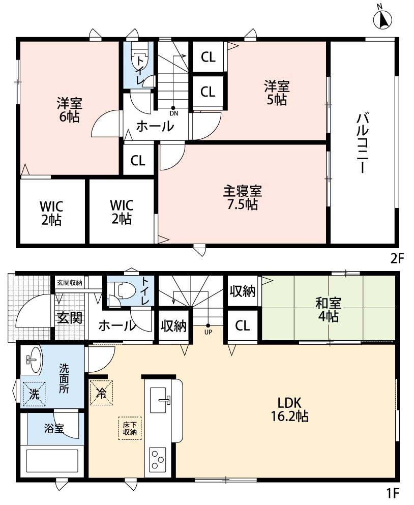 小牧市大字東田中　新築戸建　2号棟の間取り|LDK16.2帖＋和室４帖の続き間で広々空間。
ウォークインクローゼット２ヶ所あり。