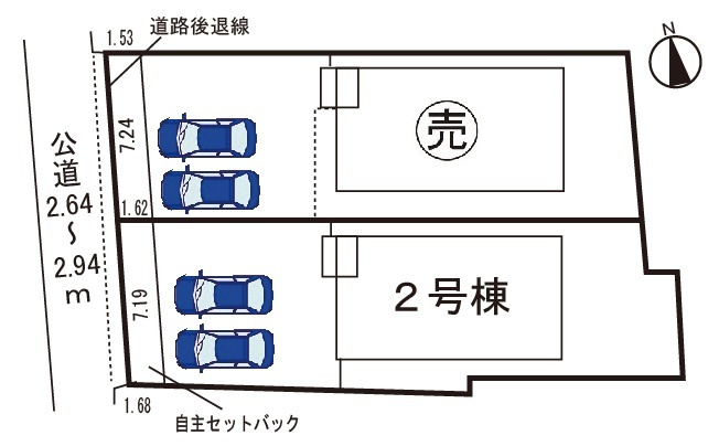 小牧市大字東田中　新築戸建　2号棟の区画図|全2区画。駐車場並列２台可。