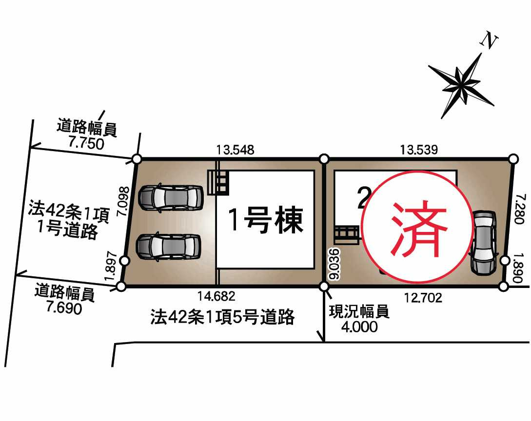 【Cradle garden】宇都宮市峰 第6 最終1邸の区画図|〇1号棟〇
前面道路の幅員は約7.7ｍありますので、見通しが良く駐車もしやすいです！
※2025年11月撮影