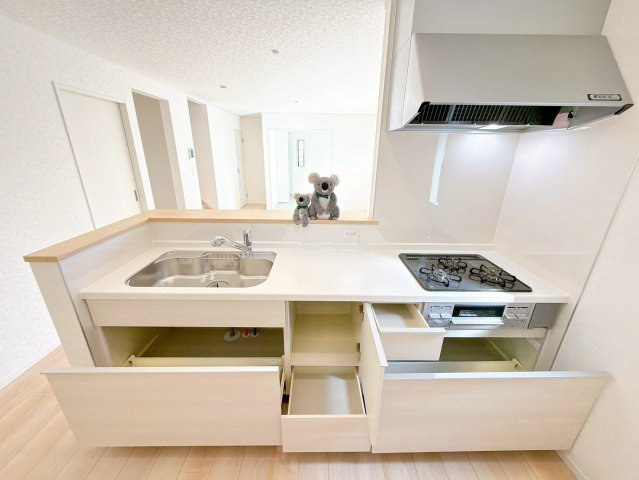 【キッチン】 | 前橋市関根町　新築住宅 | 忙しい毎日にうれしい、広々としたシステムキッチン。
収納たっぷりで調理器具も調味料もまとめて収納できます。