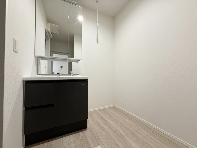 練馬区平和台3丁目 全3棟 2号棟の独立洗面台|使いやすい三面鏡の洗面台
鏡裏やベースキャビネットなど収納スペースもしっかり設けているので水回りをキレイにお使いいただけます(2号棟)