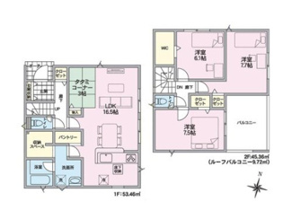 【間取り】 | 新築　新潟市西区五十嵐東第1  2号 | 3LDK＋畳コーナー＋WICの間取り、駐車スペース2台可です('ω')ノ