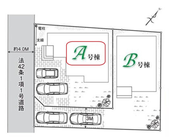 狭山市南入曽・全2棟　新築一戸建　A号棟の区画図|【全2棟・A棟】カースペース並列2台（車種制限あり）