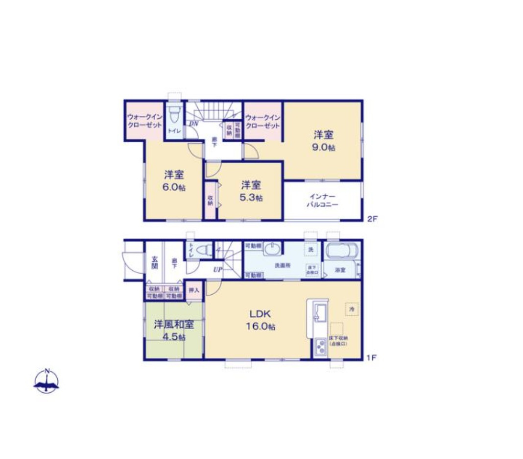熊本市南区田井島2丁目第1₋2棟(1号棟)の間取り|全居室収納付きで便利です。