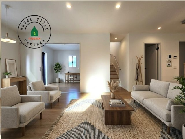 糟屋郡須恵町新原第5-3棟（1号棟）の居間・リビング|明るく開放的なリビングダイニングは豊かな陽光が注ぎ込み、やすらぎの空間を演出してくれます。ご家族で楽しいひとときをお過ごし下さい。※家具はCGを合成したものです。