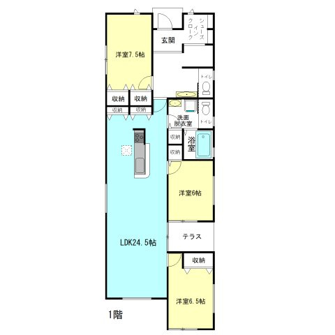 【間取り】 | リーブルガーデン.S高崎市塚田町ー① | リビングゆったり24.5帖の「平屋」住宅です！
全居室モダンな洋室＋6帖以上間取り！
玄関には嬉しいシューズインクローク完備！