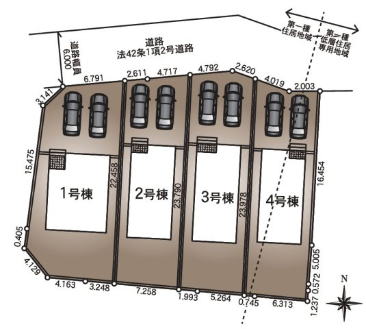 【Cradle Garden】　栃木市大平町西野田　第４　全4邸の区画図|全棟配置図
