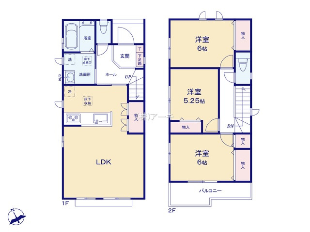 刈谷市沖野町1丁目1-12『仲介手数料無料』新築戸建ての間取り|　A号棟　1F:LDK16帖！スッキリ片付くキッチン物入！家事動線の良い間取り♪2F:主寝室6帖・洋室6帖・洋室5.25帖　物入設置♪南面バルコニー♪