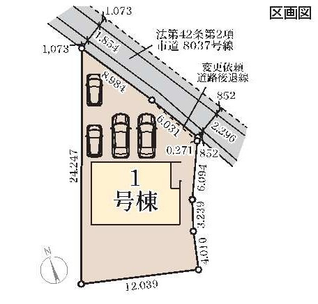新築　高崎市新町第24　Livele Garden.S　1号棟の区画図|1号棟　区画図　北東側接道幅員約2ｍ
