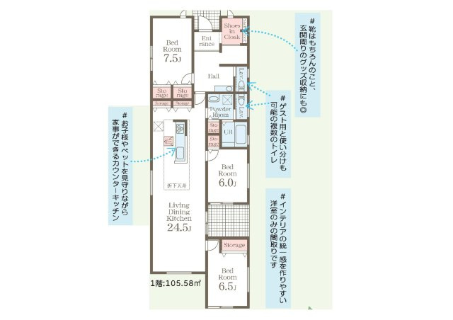 新築　高崎市塚田町　Livele Garden.S　１号棟の間取り|建物面積105.58㎡　広々24.5帖のLDK・全居室6帖以上の平屋のお家♪シューズインクローク・各部屋収納付きで便利です！お洒落なインナーテラス付き！