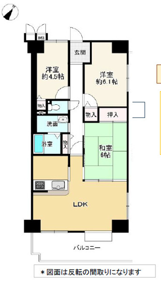【間取り】 | サンシティ本荘壱番館　2階 | ３LDKです。実際は、図面の反転の間取となります。