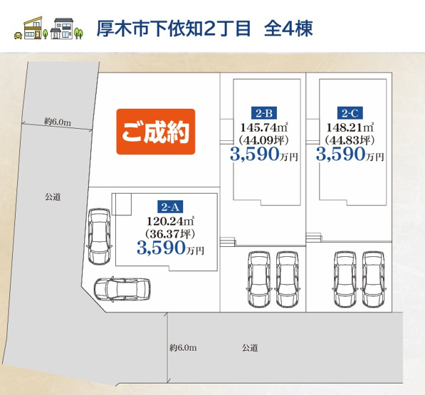 【区画図】 | 新たなコミュニティーを築きやすい全4棟の分譲地！
全面道路：6ｍ　毎日のお車の出し入れもスムーズ♪