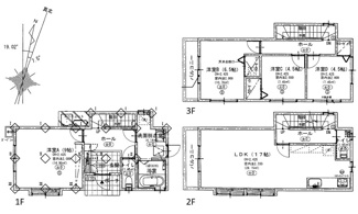 【間取り】 | 佐伯区八幡東4丁目　限定1棟 | リビング17帖☆1階1部屋☆3階3部屋☆4LDK☆2階リビング☆バルコニー×２☆カップボード☆