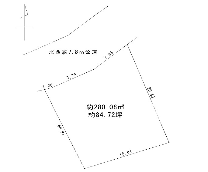 敷地面積84坪　売地　川越市小堤の土地図|区画図　土地面積約84坪！建築条件なし売地！お好きなハウスメーカーで建築できます♪
北西約7.8ｍ公道の為、日当たり・風通し良好です♪