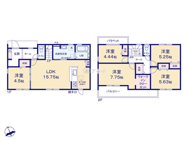豊明市栄町大根1番838『仲介手数料無料』新築戸建ての間取り|　1号棟：LDK15.75帖に隣接する洋室4.5帖　CL設置♪リビングイン階段♪キッチン収納♪2F：洋室7.75帖　WIC設置！洋室5.63帖・洋室5.25帖・洋室4.44帖　CL設置♪南面バルコニー