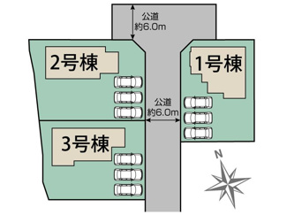 【区画図】 | 甲府市羽黒町 新築全3棟 2号棟 オール電化 敷地78坪 | 2号棟区画図　敷地　78坪　カースペース並列3台分