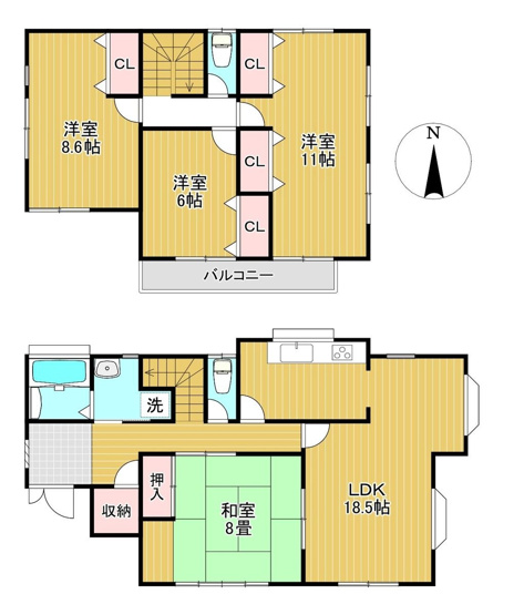 【間取り】 | 宗像市緑町　戸建て | 全居室6帖以上の広々とした4LDKは大家族でもゆったり暮らせます