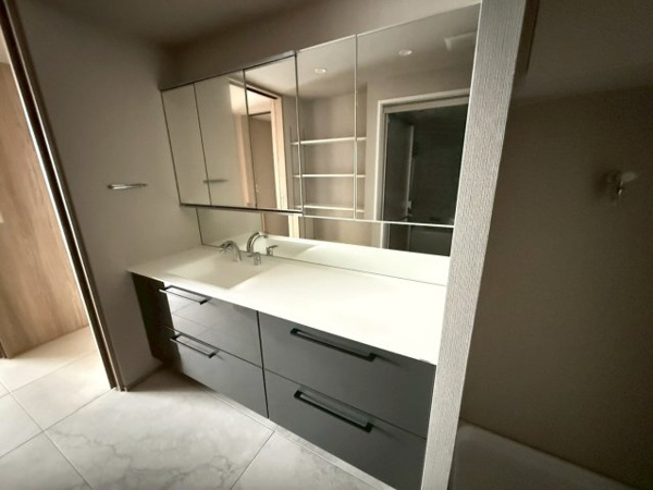 【独立洗面台】 | 人工大理石の天板が爽やかな印象を届ける洗面化粧台。大きな洗面ボウル、ワイドな三面鏡、たっぷり収納できるキャビネットなど、使いやすい機能を集約しました。