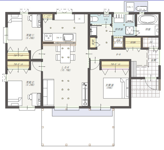高知市瀬戸西町　建築条件付き土地（平屋プラン）の参考プラン|全室収納付き！の快適間取りです☆