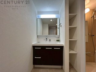 化粧品や洗顔料、歯ブラシなどの必需品をまとめて置ける収納スペースがあり、使用するたびに取り出す手間が省けます。また、水回りのため、濡れても大丈夫な素材が使用されており、お手入れが簡単です。