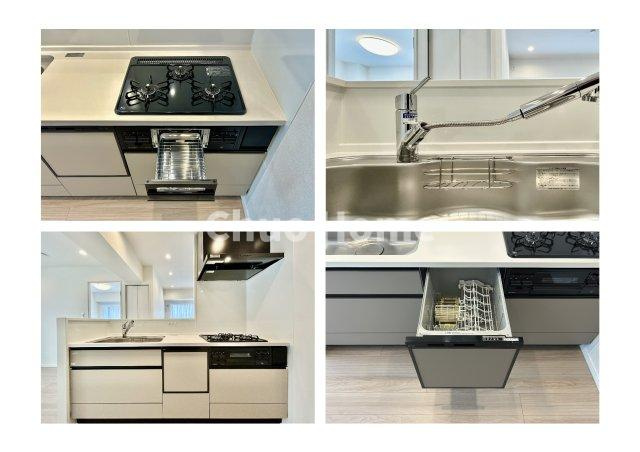 ライオンズマンション東向島第2のキッチン|【システムキッチン】ワイドで収納豊富な使い勝手の良いカウンターキッチンには、食洗器や伸縮タイプのキッチン水栓、三ツ口コンロ・魚焼きグリルなどの便利な設備が標準完備されています。