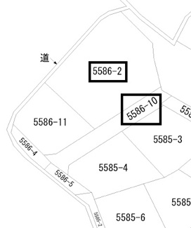 【土地図】 | 東岐波字波馬田5586（168坪）資材置き場 | 地番5586-2が約168坪（宅地）。
別途進入路部分として地番5586-10が約43坪（持分3/5）がございます。