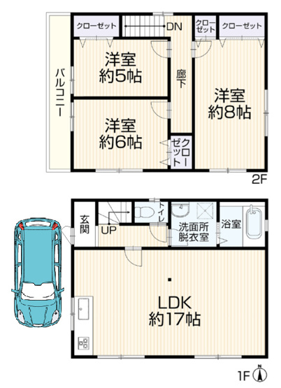 【間取り】 | 東大阪市御厨東1丁目 | 2階建【全洋室3LDK＋カーポート】室内水廻り設備一新！全面リフォーム済み☆2年間の安心保証付き☆（建物の主要部位）太陽光発電システム・食洗機・バス追炊機能・浴室乾燥機・TVモニターホン完備です☆