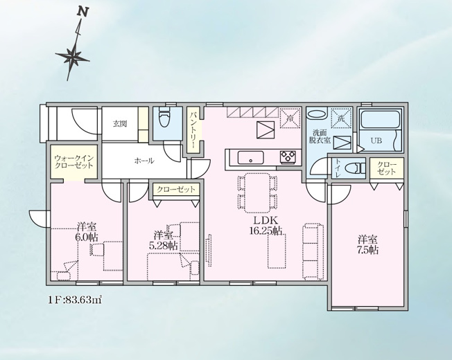 【間取り】 | 高崎市江木町　新築住宅 | 暖かな日差しが差し込む南向きの3LDK＋WIC！
家族の気配をいつでも感じられる平屋。子育てにも老後にも優しい設計で長く安心して暮らせるのが魅力です！