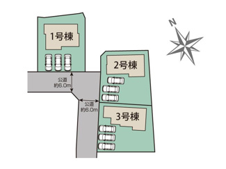 【区画図】 | 甲斐市篠原 オール電化新築全3棟 2号棟 全室南向 車並列3台 | 2号棟区画図　カースペース並列3台