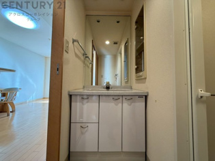 化粧品や洗顔料、歯ブラシなどの必需品をまとめて置ける収納スペースがあり、使用するたびに取り出す手間が省けます。また、水回りのため、濡れても大丈夫な素材が使用されており、お手入れが簡単です。