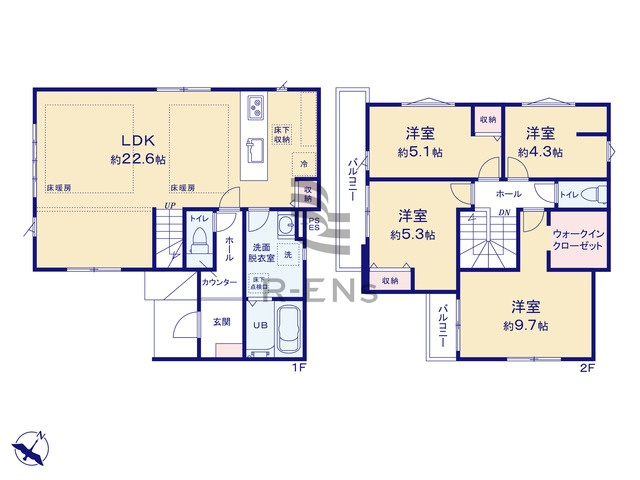 【間取り】 | 練馬区大泉学園町２丁目　新築戸建て | 約22帖のゆとりあるLDKは床暖房もあり快適に過ごせます