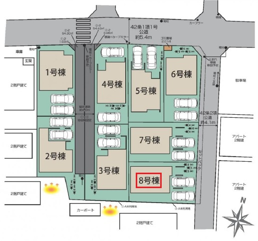 所沢市小手指元町2丁目・全8棟　新築一戸建　8号棟の区画図|【全8棟・8号棟】
並列駐車2台可能です。