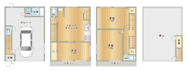 【間取り】 | 生野区桃谷5丁目 | 【全洋室3LDK＋シャッター付ガレージ】全居室6帖以上、屋上ルーフバルコニー付きです☆