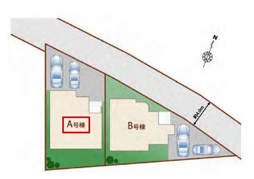 東村山市多摩湖町3丁目・全2棟　新築一戸建　A号棟　の区画図|【全2棟・A号棟】土地面積131.19平米（約39.68坪）カースペース2台（車種による）