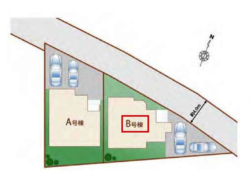 東村山市多摩湖町3丁目・全2棟　新築一戸建　B号棟　の区画図|【全2棟・B号棟】土地面積125.60平米（約37.99坪）カースペース2台（車種による）