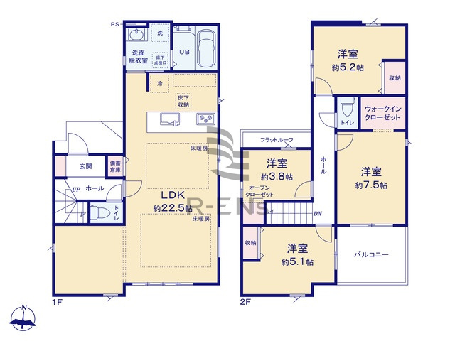 【間取り】 | 練馬区大泉学園町４丁目　新築戸建て　２号棟 | 水回り集中配置で家事効率もよく負担が少ない間取りです