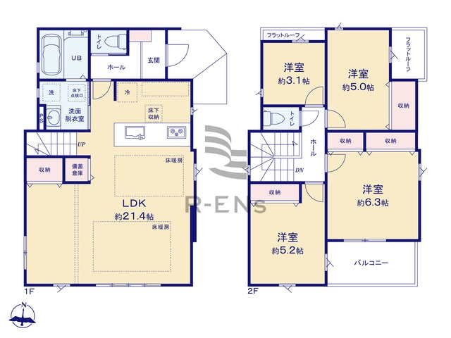 【間取り】 | 練馬区大泉学園町４丁目　新築戸建て　３号棟 | 水回り集中配置で家事効率もよく負担が少ない間取りです