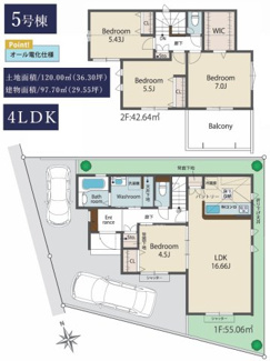 【間取り】 | 【仲介手数料無料！！】日野市上田　新築戸建て（全5棟）5号棟　5280万円 | 5号棟　4LDK　土地／120㎡（36.3坪）建物／97.7㎡