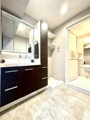 セザールたまプラーザの独立洗面台|収納豊富な三面鏡付き洗面台と可動棚を備えた洗濯機スペース。小物類をすっきりと整理でき、使い勝手の良さが魅力です。