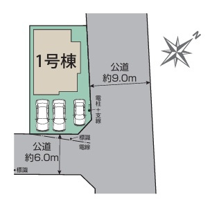 入間市久保稲荷4丁目・全1棟　新築一戸建　～南東×北東角地～の区画図|カースペースは車種によりますが、並列3台駐車可能です！