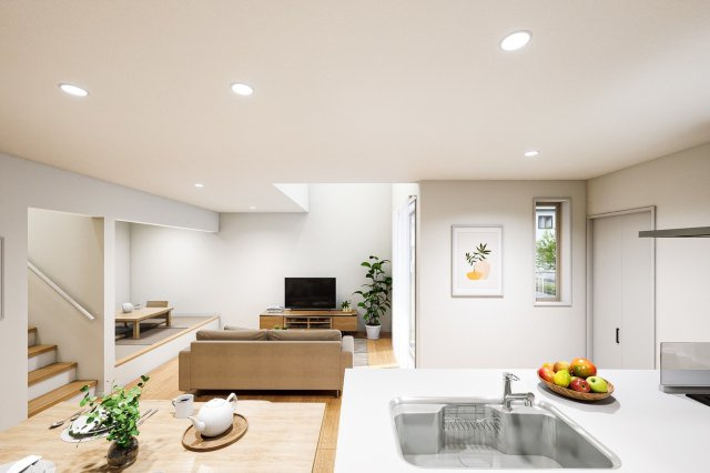 注文住宅クオリティの分譲住宅。中村町に限定１棟登場！の居間・リビング|室内の家具はAIによるイメージです。実際の設置物とは異なります。