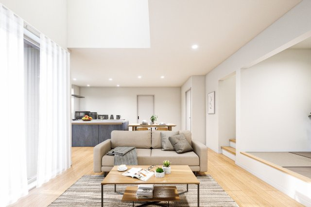 注文住宅クオリティの分譲住宅。中村町に限定１棟登場！の居間・リビング|室内の家具はAIによるイメージです。実際の設置物とは異なります。