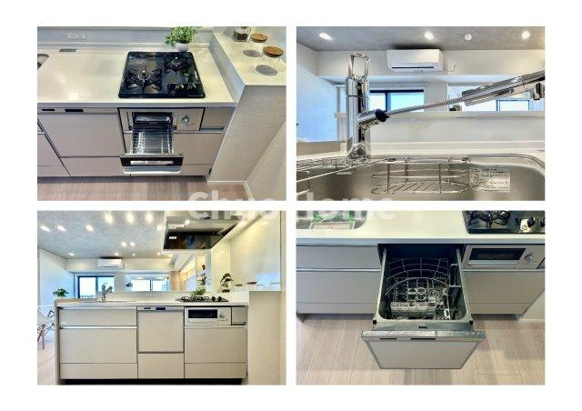 ウイン南千住エクシオンのキッチン|【システムキッチン】ワイドで収納豊富な使い勝手の良いカウンターキッチンには、食洗器や伸縮タイプのキッチン水栓、魚焼きグリルなどの便利な設備が標準完備されています。