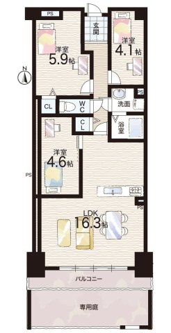 ローズハイツ香里園3号棟の間取り|3LDK　南向きバルコニーで日当たり良好♪