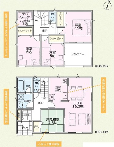 新築　前橋市粕川町新屋第2　クレイドルガーデン　3号棟の間取り|建物面積96.78㎡　全居室南向き♪2帖のテレワークルームプラン付・各部屋収納付きで便利です！インナーバルコニーなので急な雨でもお洗濯物も安心です。